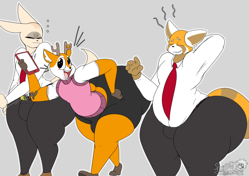 2022 aggressive_retsuko ailurid annoyed anthro big_butt black_bottomwear black_clothing black_shorts bottomwear bulge butt canid canine chubby_anthro chubby_male clothing crossgender deer fennec fenneko fox grey_background group hi_res huge_butt male mammal masterj291 phone red_panda retsuko sanrio shorts simple_background slightly_chubby sweater thick_thighs topwear trio tsunoda