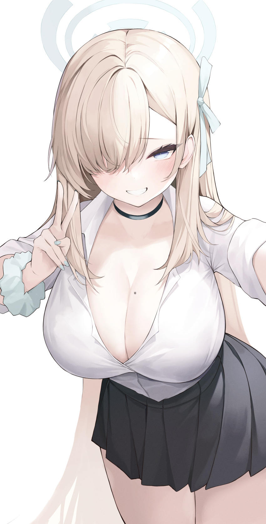 1girl absurdres ahr_tato asuna_(blue_archive) bangs black_choker black_skirt blonde_hair blue_archive blue_eyes blue_nails blush breasts choker cleavage collared_shirt commentary cowboy_shot grin hair_ribbon halo highres large_breasts leaning_forward long_hair looking_at_viewer mole mole_on_breast ribbon scrunchie shirt skirt smile solo standing v very_long_hair wrist_scrunchie