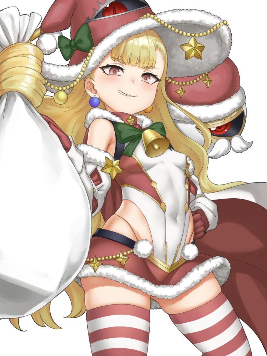 1girl alternate_costume armpit_crease ass_visible_through_thighs blonde_hair cape christmas covered_navel detached_sleeves earrings eitri_(fire_emblem) fire_emblem fire_emblem_heroes hat highres jewelry long_hair looking_at_viewer miniskirt prehensile_hair red_eyes santa_costume santa_hat skirt smile striped striped_thighhighs thighhighs user_ppkj7438 white_background