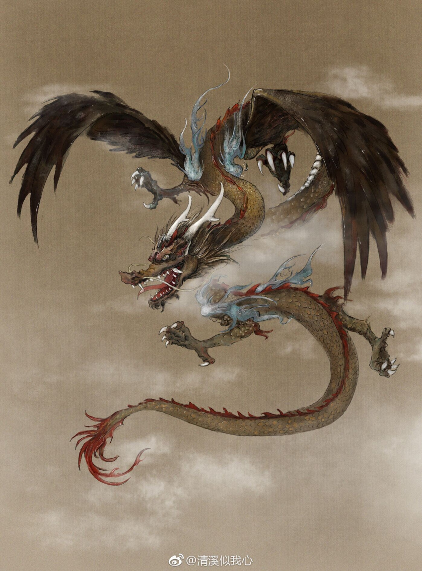 asian_mythology cloud dragon east_asian_mythology eastern_dragon feathered_wings feathers feral flying hi_res horn hybrid male muyang_fort mythology open_mouth smile solo whiskers wings