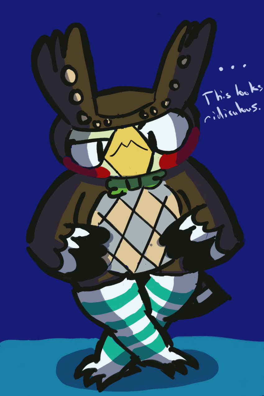 2022 2:3 animal_crossing anthro avian bird blathers_(animal_crossing) blue_background blue_clothing blue_footwear blue_socks bow_tie brown_body clothing crossed_legs dialogue english_text footwear footwear_only green_bow_tie hi_res legwear male mostly_nude nintendo owl pattern_clothing pattern_footwear pattern_legwear pattern_socks randomacman simple_background socks socks_only solo standing striped_clothing striped_footwear striped_socks stripes text thigh_highs