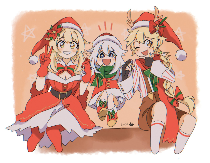 1boy 2girls aether_(genshin_impact) belt black_gloves blonde_hair braid brother_and_sister christmas dress fake_antlers fingerless_gloves floating flower genshin_impact gloves hair_flower hair_ornament hashibi_(noyasakihashibi) hat highres holding long_sleeves lumine_(genshin_impact) multiple_girls one_eye_closed open_mouth paimon_(genshin_impact) red_dress red_gloves red_headwear santa_hat shoes siblings smile socks star_(symbol) star_print suspenders v white_hair yellow_eyes