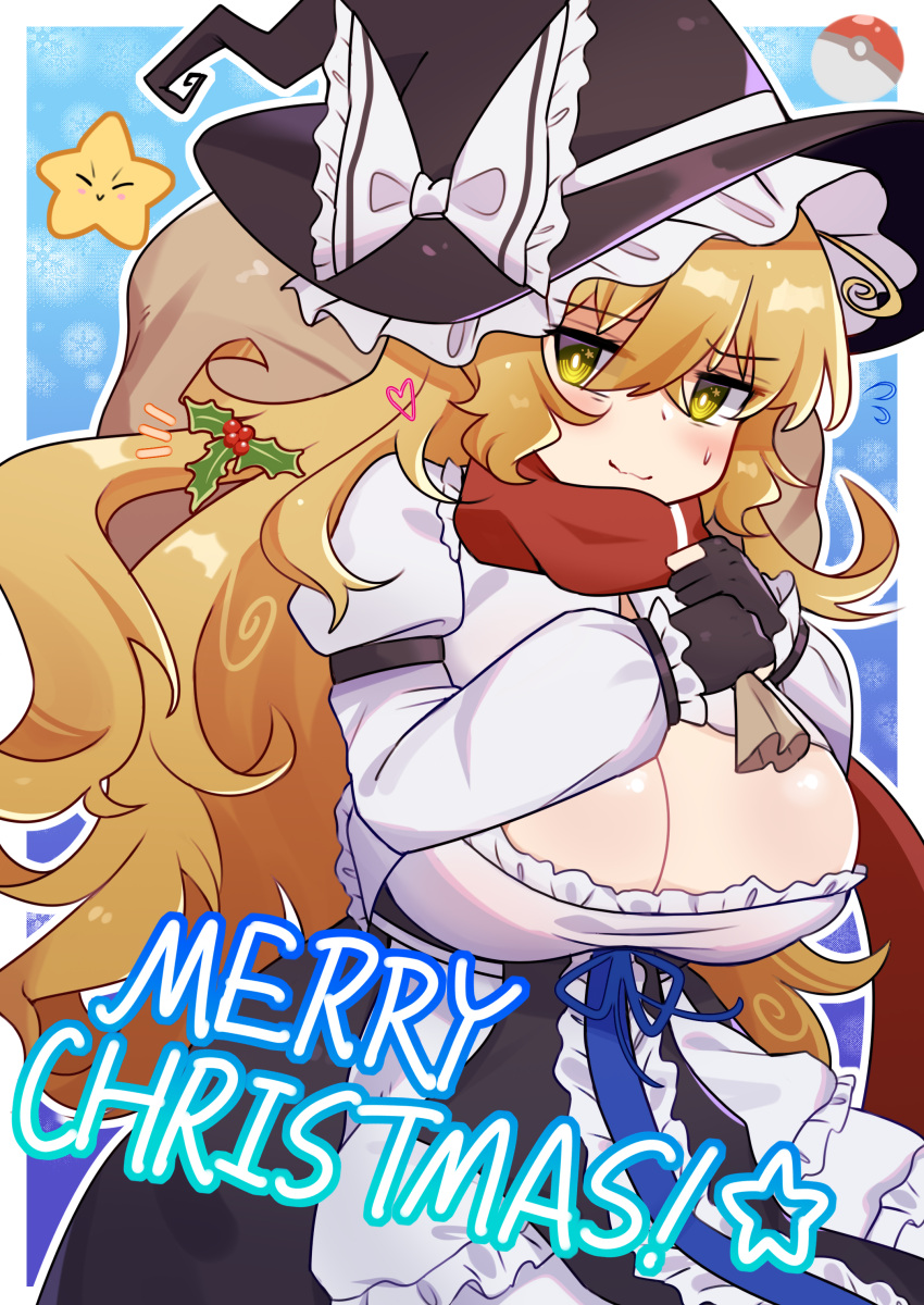 1girl absurdres bangs black_gloves black_skirt blonde_hair blue_ribbon blush bow breasts christmas cleavage cleavage_cutout closed_mouth clothing_cutout commentary_request cookie_(touhou) cowboy_shot frilled_shirt frills gloves hair_between_eyes hat hat_bow highres holding holding_sack huge_breasts inabahitomi kirisame_marisa long_hair looking_at_viewer mars_(cookie) merry_christmas messy_hair partially_fingerless_gloves poke_ball pokemon red_scarf rei_no_himo ribbon sack scarf shirt skirt smile solo star_(symbol) suzu_(cookie) touhou very_long_hair white_bow white_shirt witch_hat yellow_eyes