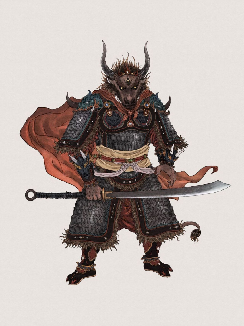 angry anthro armor asian_clothing bovid bovine cape cattle chinese_clothing clothed clothing dao_(sword) demon east_asian_clothing fully_clothed hi_res looking_at_viewer male mammal melee_weapon muyang_fort solo sword warrior weapon