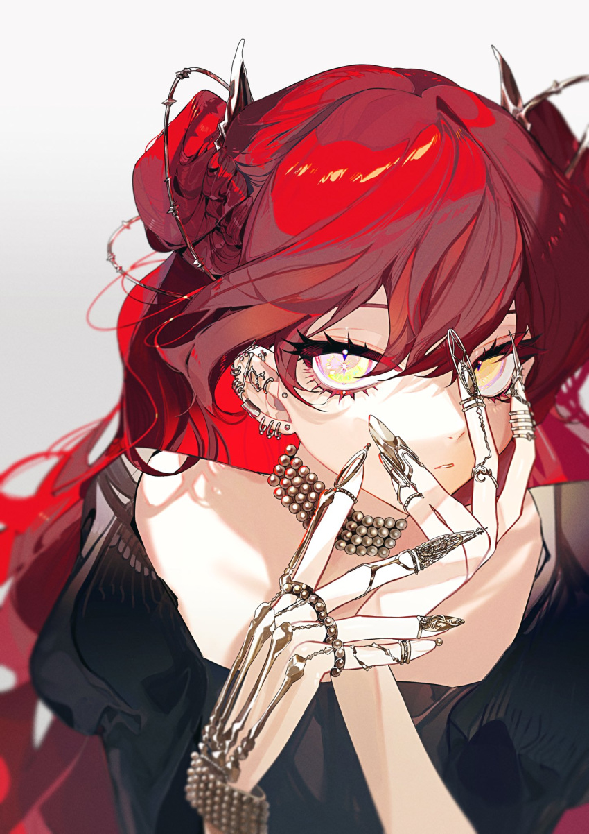 1girl black_dress comori cropped_arms cropped_torso dress earrings hair_ornament hand_ornament hand_over_face highres jewelry long_hair looking_at_viewer necklace original piercing red_hair slit_pupils wavy_hair yellow_eyes