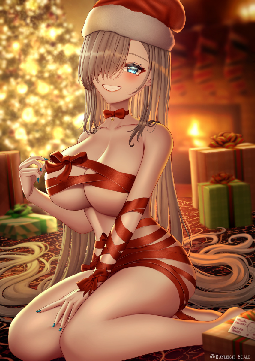 1girl absurdres asuna_(blue_archive) bare_shoulders barefoot bell blonde_hair blue_archive blue_eyes blurry breasts choker christmas christmas_present christmas_stocking christmas_tree cleavage collarbone depth_of_field english_commentary fire gift grin hair_over_one_eye hat highres kneeling large_breasts long_hair nail_polish naked_ribbon rayleigh_scale red_carpet ribbon santa_hat smile solo twitter_username very_long_hair