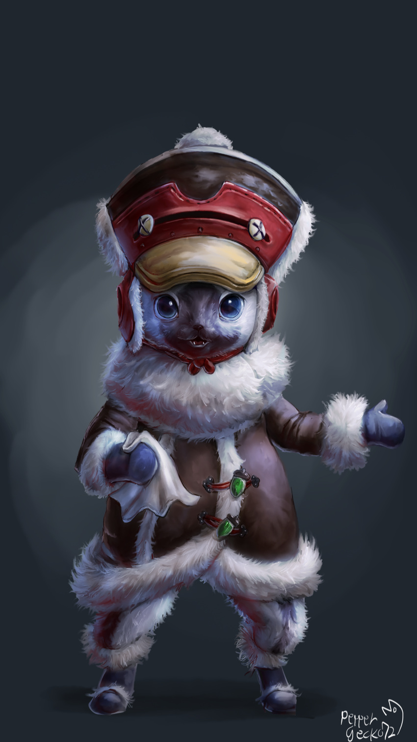 absurd_res ambiguous_gender anthro black_body black_fur black_nose blue_eyes capcom cloth clothed clothing cuff_(restraint) cute_fangs detailed detailed_fur digital_media_(artwork) digital_painting_(artwork) felid felyne front_view full-length_portrait fully_clothed fur fur_trim_(clothing) grey_background handwear hat headgear headwear hi_res holding_cloth lacrimal_caruncle leather_cuffs looking_at_viewer lynian mammal mittens monster_hunter open_mouth parka peppergecko72 portrait restraints simple_background solo standing white_body white_fur