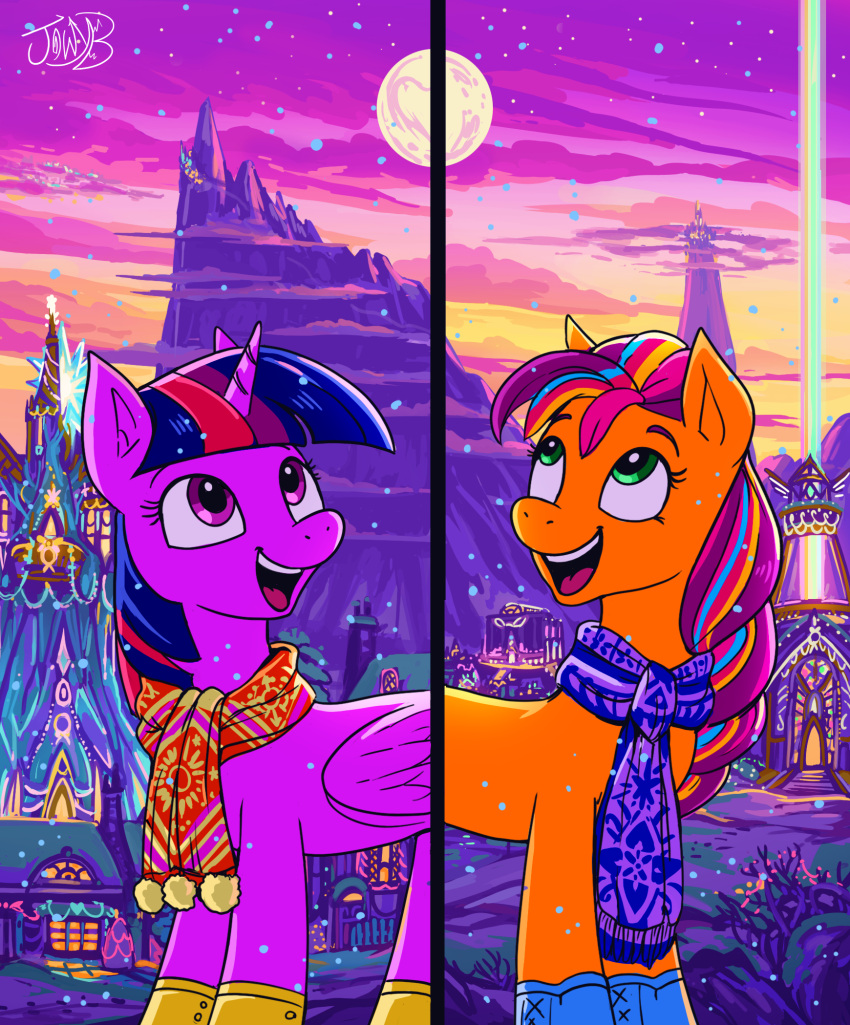2022 building cloud digital_media_(artwork) duo equid equine female friendship_is_magic fur hasbro hi_res holidays horn horse jowybean mammal mlp_g5 moon mountain multicolored_body multicolored_fur my_little_pony open_mouth pony princess_twilight_sparkle_(mlp) scarf signature sky snow sunny_starscout_(mlp) unicorn winged_unicorn wings