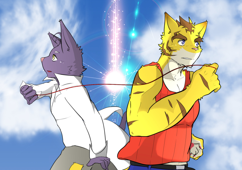 anthro blue_eyes cloud domestic_cat duo felid feline felis light male mammal morenatsu pantherine paomer shin_(morenatsu) sky sun sunlight tiger torahiko_(morenatsu) yellow_eyes