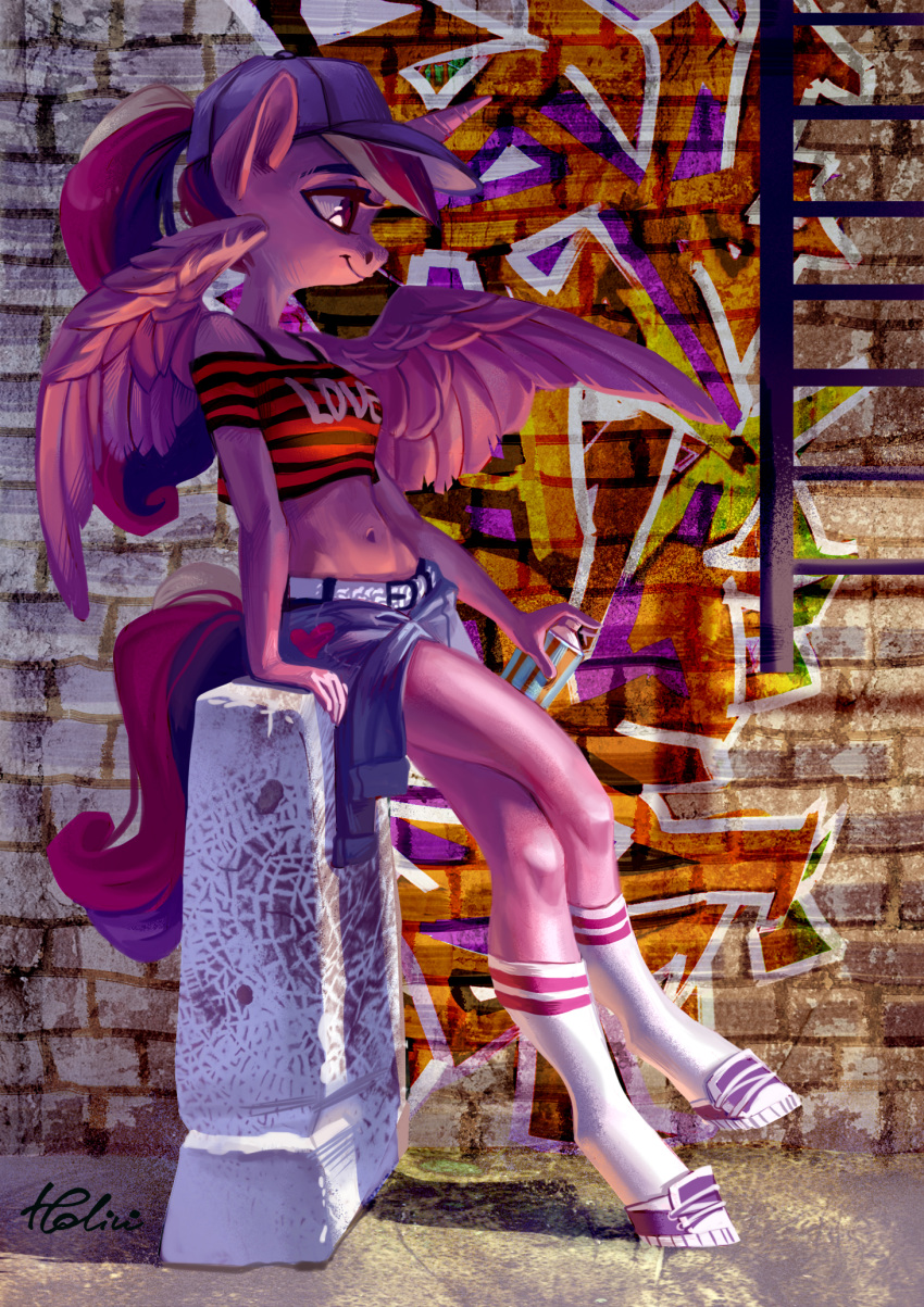 2019 baseball_cap clothing equine female friendship_is_magic graffiti hat holivi horn ladder mammal my_little_pony paint princess_cadance_(mlp) shorts sitting solo spray_paint spray_paint_can winged_unicorn wings