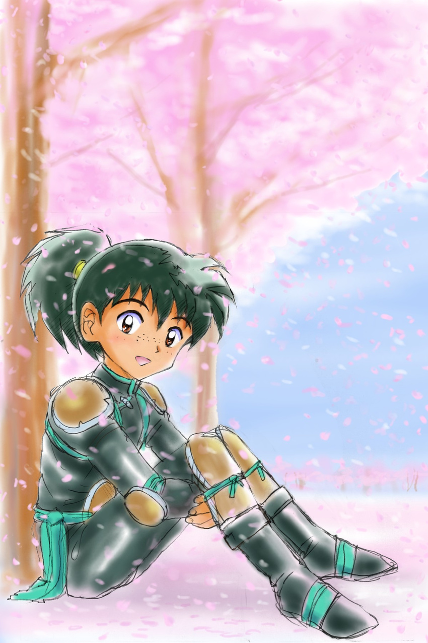 1boy against_tree blush cherry_blossoms cherry_tree highres inuyasha kohaku_(inuyasha) looking_at_viewer male male_focus open_mouth outdoors petals ponytail short_hair smile solo takenokoya tree