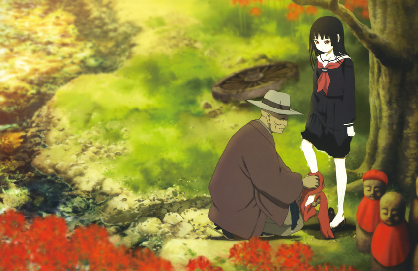 absurdres barefoot enma_ai feet foot foot_washing hell_girl highres jigoku_shoujo old_man towel wanyuudo