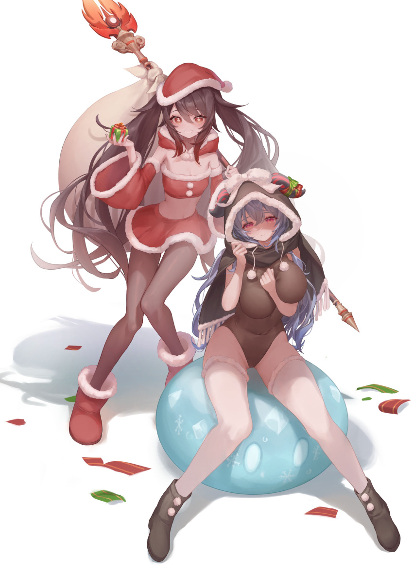 1other 2girls absurdres arm_between_breasts bag bangs bare_shoulders between_breasts black_capelet black_hair black_hood black_pantyhose blue_hair boots bow breasts brown_leotard capelet christmas cleavage covered_navel detached_sleeves flower-shaped_pupils full_body ganyu_(genshin_impact) genshin_impact groin hat highres horn_ornament horns hu_tao_(genshin_impact) large_breasts leotard long_hair looking_at_viewer medium_breasts metatarou multiple_girls pantyhose purple_eyes red_eyes red_skirt red_sleeves santa_costume santa_hat sidelocks sitting skirt slime_(genshin_impact) smile staff_of_homa_(genshin_impact) symbol-shaped_pupils teeth thighhighs thighs white_background white_bow white_thighhighs wide_sleeves