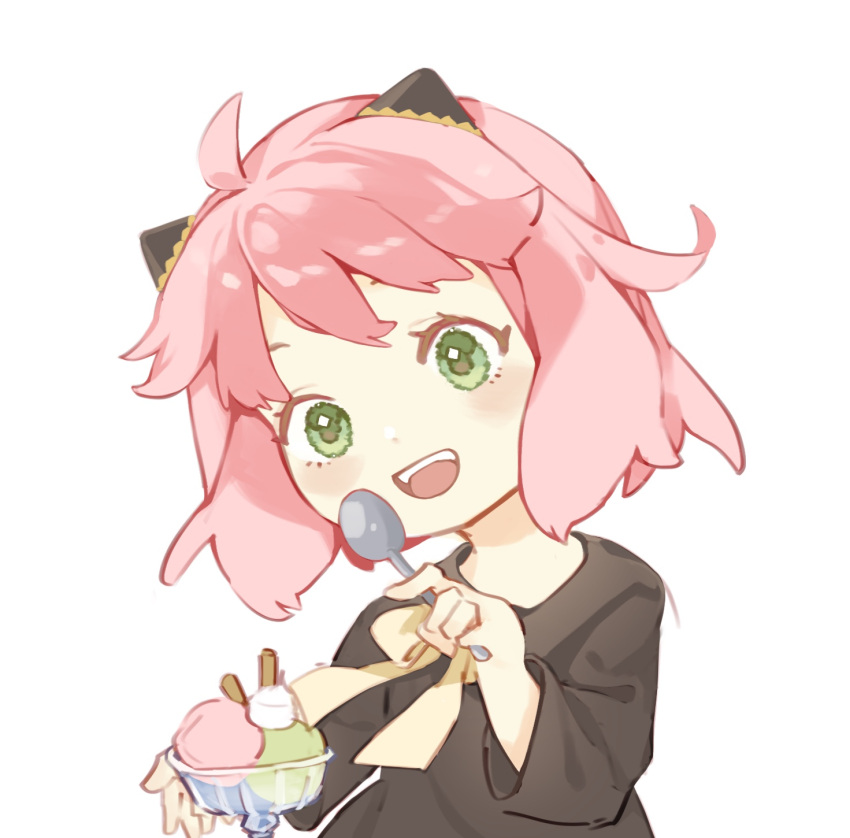 1girl :d ahoge anya_(spy_x_family) bangs food green_eyes hairpods hand_up highres holding holding_spoon ice_cream long_sleeves open_mouth pink_hair ribbon short_hair simple_background smile solo spoon spy_x_family teeth upper_teeth_only virno white_background yellow_ribbon