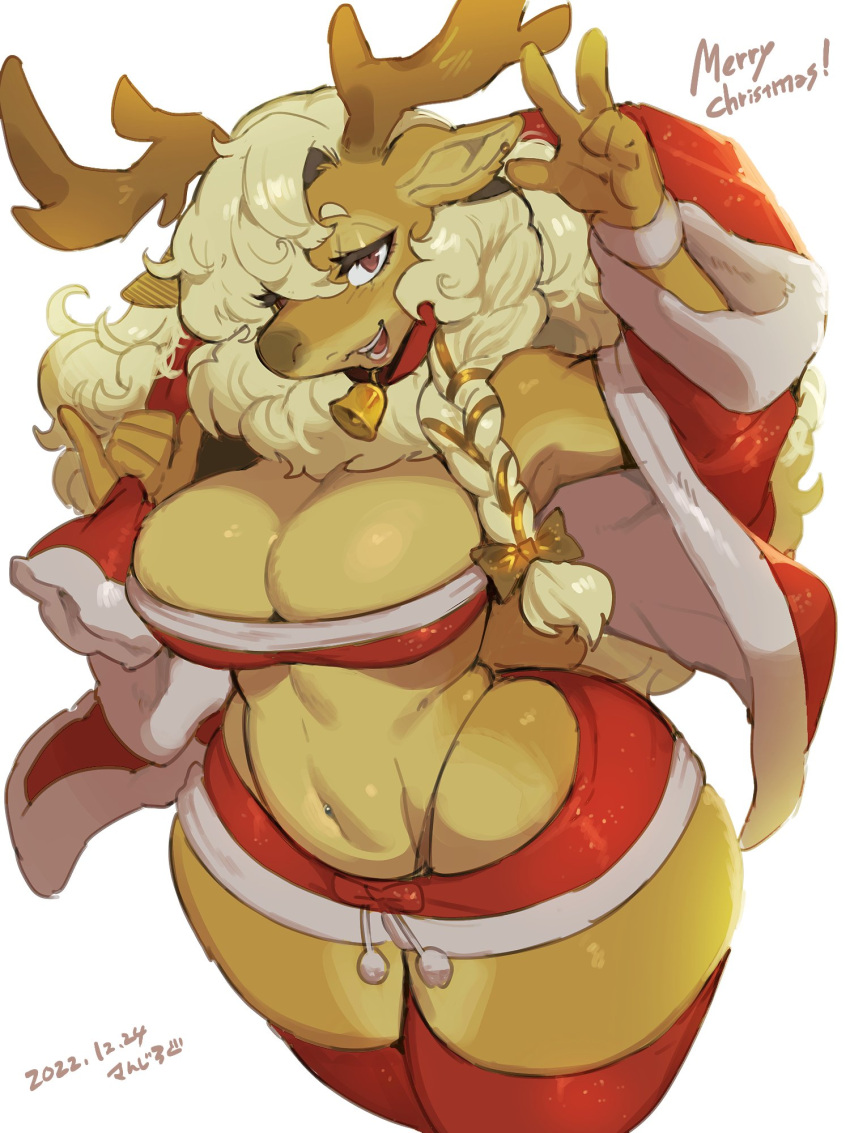 2022 anthro antlers bandeau bell bell_collar big_breasts blonde_hair bottomwear braided_hair breasts brown_body capreoline christmas christmas_clothing cleavage clothed clothing coat collar countershading deer female gesture hair hi_res high-angle_view holding_object holidays horn hotpants kaeritai07 legwear looking_at_viewer mammal merry_christmas navel raised_hand reindeer sack shorts smile solo text thick_thighs thigh_highs thong_straps topwear v_sign wide_hips