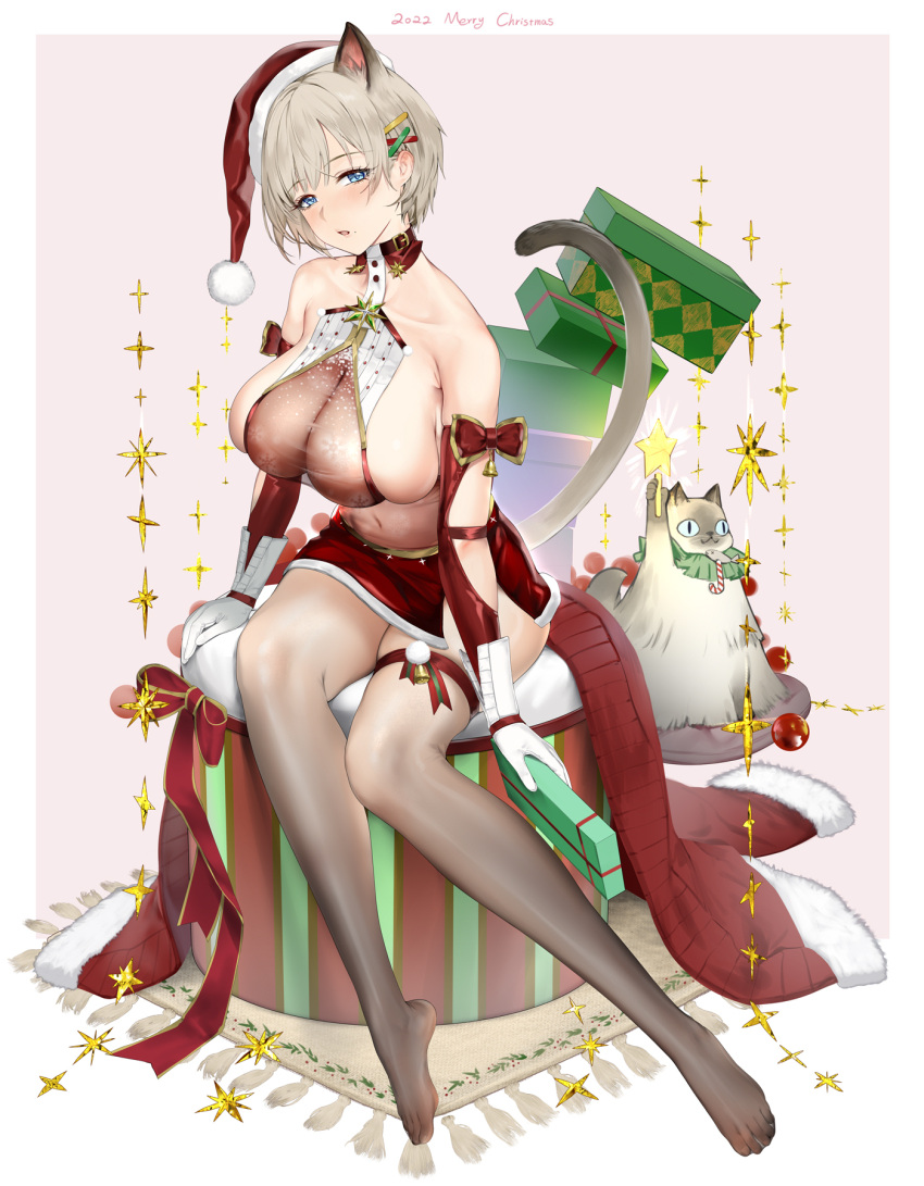 1girl animal_ear_fluff animal_ears au11 bare_shoulders black_pantyhose box breasts cat_ears cat_girl cat_tail christmas elbow_gloves extra_ears feet fur-trimmed_headwear fur_trim gift gift_box gloves grey_hair hat highres large_breasts legs looking_at_viewer no_bra original pantyhose santa_costume santa_hat short_hair tail tail_raised