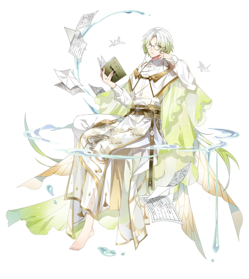 1boy bangs barefoot belt book brown_belt cape chinese_commentary closed_mouth clothing_cutout collared_shirt commentary_request curtained_hair expressionless eyewear_strap food-themed_clothes full_body glasses gold_trim gradient_hair green_cape green_hair head_rest highres holding holding_book invisible_chair kaishui_baicai_(shoku_monogatari) lingcat long_hair looking_at_viewer low_ponytail male_focus multicolored_hair off_shoulder official_art open_book origami pants paper paper_crane parted_bangs pelvic_curtain pine_tree see-through shirt shoku_monogatari shoulder_cutout simple_background sitting solo tassel tree tree_print waist_cape water white_background white_hair white_pants white_shirt yellow_eyes