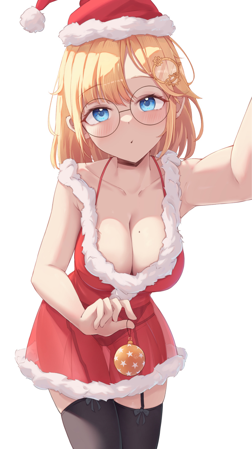 1girl :/ absurdres armpits bangs bare_arms bare_shoulders black_bow black_garter_belt black_thighhighs blonde_hair blue_eyes blush bow breasts christmas cleavage closed_mouth collarbone commission dress english_commentary fur-trimmed_dress fur_trim garter_belt glasses hair_ornament halter_dress halterneck hat highres holding hololive hololive_english leaning_forward looking_at_viewer mole mole_on_breast monocle_hair_ornament outstretched_arm panties pom_pom_(clothes) red_dress red_headwear santa_costume santa_dress santa_hat see-through see-through_dress selfie shironekokfp short_dress short_hair sidelocks simple_background sleeveless sleeveless_dress solo star_(symbol) swept_bangs thighhighs underwear virtual_youtuber watson_amelia white_background zettai_ryouiki