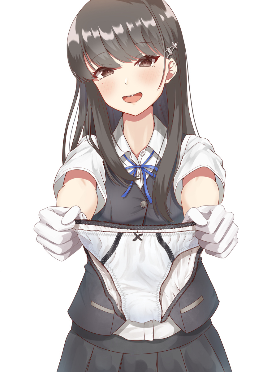 1girl black_hair black_skirt black_vest blue_ribbon blush brown_eyes buttons collared_shirt gloves hair_ornament hayashio_(kancolle) highres holding holding_clothes holding_panties holding_underwear kantai_collection long_hair long_neck looking_at_viewer mole mole_under_eye neck_ribbon open_mouth panties pleated_skirt ribbon shirt short_sleeves simple_background skirt smile solo underwear vest white_background white_gloves white_shirt zuki