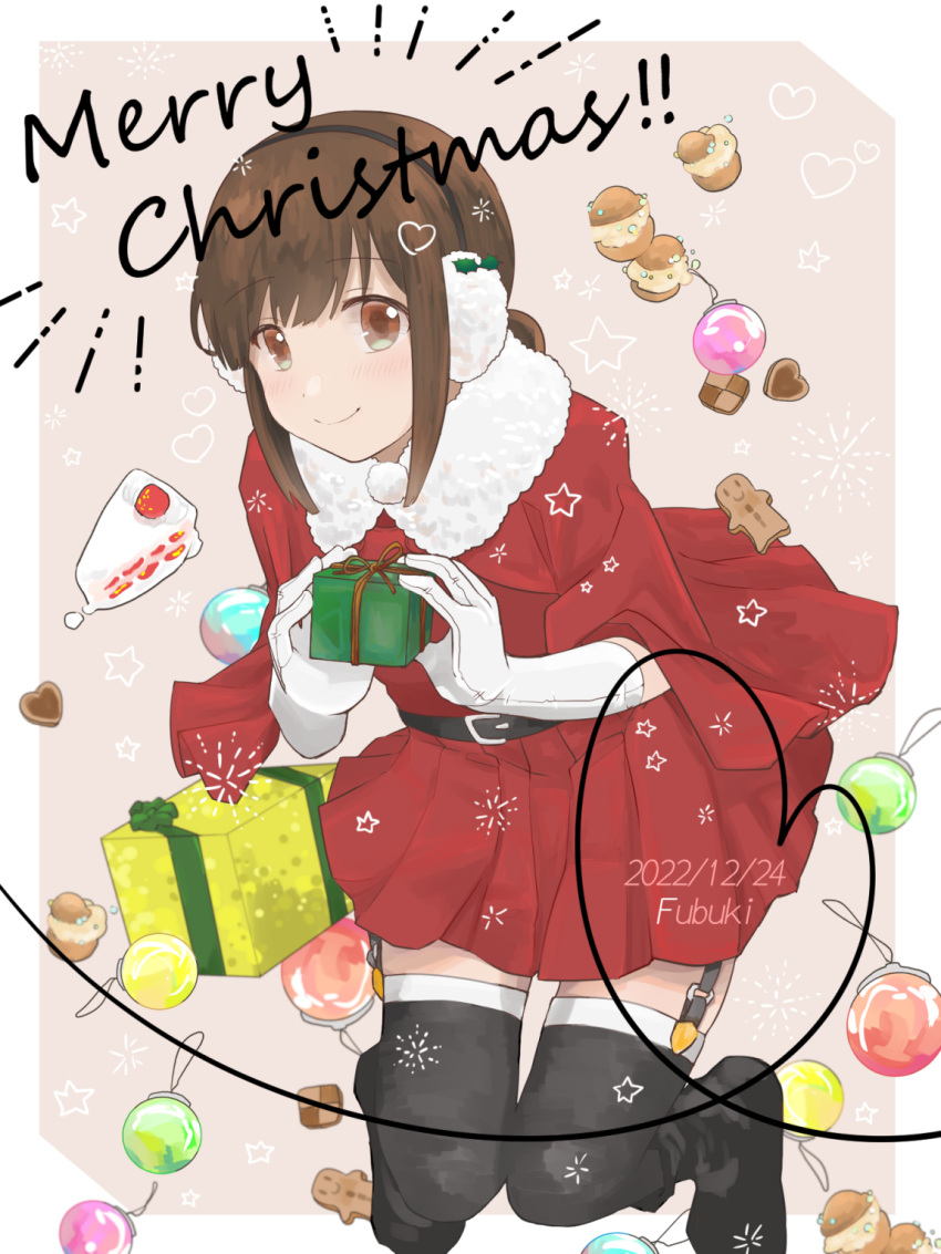 1girl alternate_costume ball black_hair black_thighhighs box brown_eyes cake checkerboard_cookie christmas_ornaments cookie dated dress food fubuki_(kancolle) fur-trimmed_dress fur_trim gift gift_box gloves highres kantai_collection kiusagi_sanae low_ponytail medium_hair merry_christmas ponytail red_dress short_ponytail sidelocks solo thighhighs white_gloves