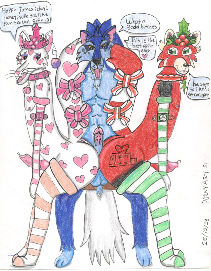 ailurid anthro canid canine canis christmas clothing collaborative collaborative_hot_dogging collaborative_sex gen girly greely group hi_res holidays hot_dogging legwear male male/male mammal porny_arty red_panda ribbons stockings trio wolf