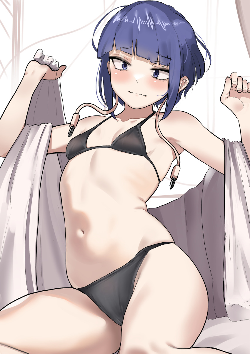 1girl absurdres alternate_costume audio_jack bangs bed_sheet bikini black_bikini black_eyes blue_hair blunt_bangs blush boku_no_hero_academia breasts closed_mouth highres jirou_kyouka long_earlobes navel short_hair sidelocks small_breasts solo stomach swimsuit zd_(pixiv6210083)