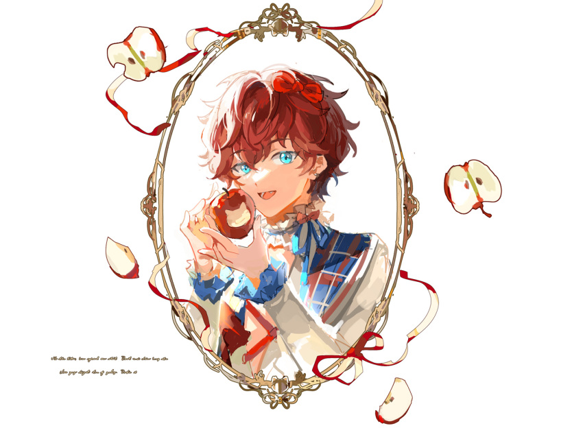 1boy :d amagi_hiiro apple blue_eyes blue_ribbon bow collar earrings ensemble_stars! fang food food_bite framed frilled_collar frilled_sleeves frills fruit hair_between_eyes hair_bow holding holding_food holding_fruit jacket jewelry lapels lingcat lower_teeth_only male_focus official_alternate_costume red_bow red_hair red_ribbon ribbon shawl_lapels short_hair simple_background smile solo teeth upper_body white_background white_jacket