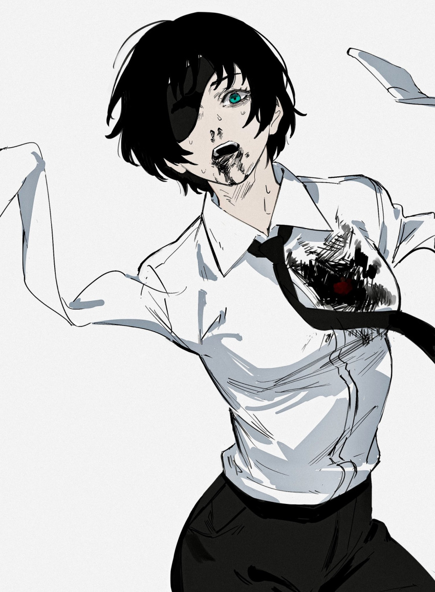 1girl amputee black_hair black_necktie black_pants blood blood_on_clothes blue_eyes chainsaw_man collared_shirt double_amputee eyepatch highres himeno_(chainsaw_man) looking_at_viewer necktie no_arms open_mouth pants roru_(lol_dessin) shirt shirt_tucked_in short_hair simple_background solo spoilers sweat white_background white_shirt