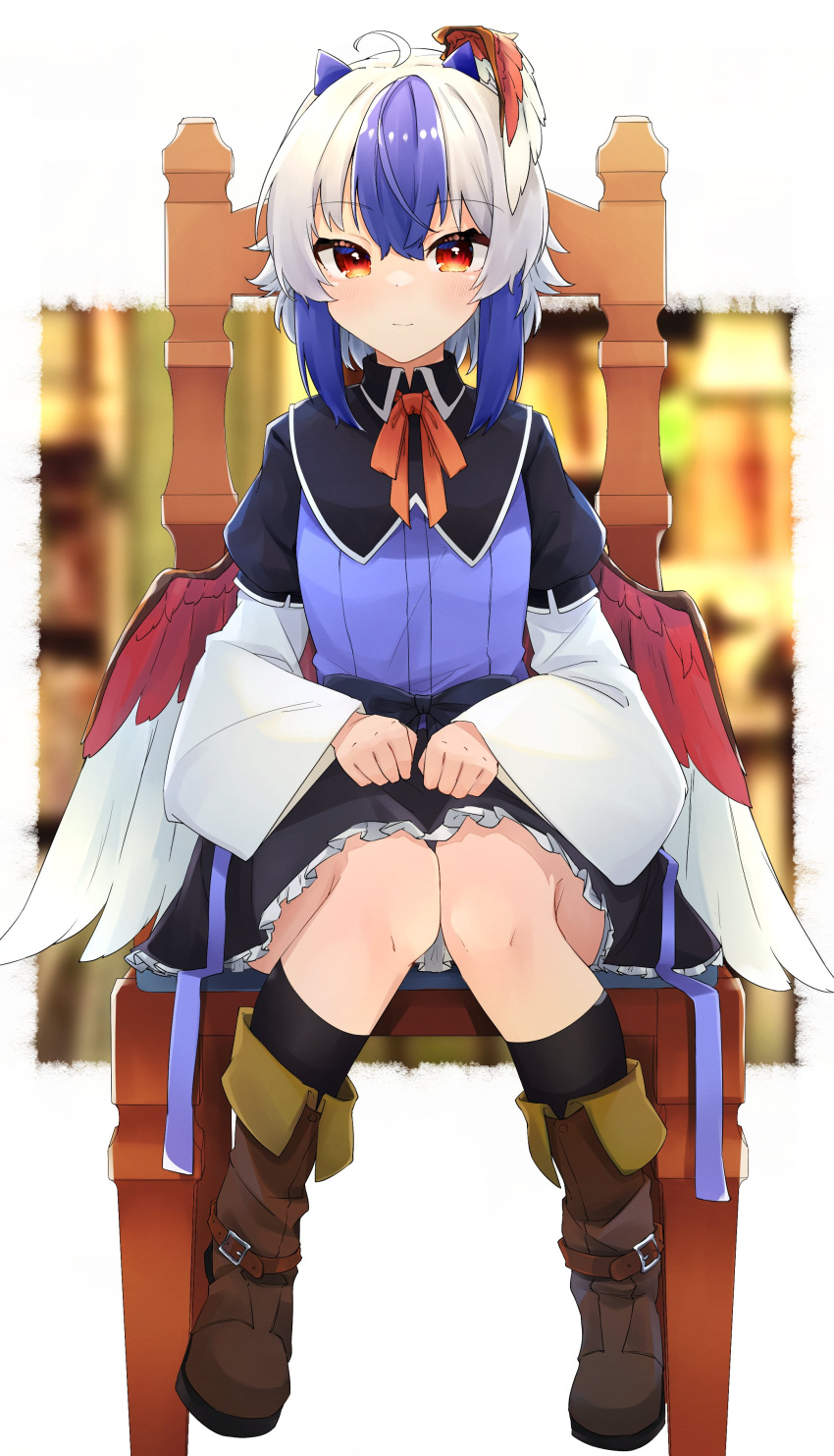 1girl absurdres bird_wings black_skirt black_socks blue_hair blush boots brown_footwear chair closed_mouth feathered_wings full_body grey_hair gunsou1350 hair_between_eyes highres horns kneehighs long_sleeves red_eyes red_wings short_hair sitting skirt smile socks solo tokiko_(touhou) touhou white_wings wide_sleeves wings