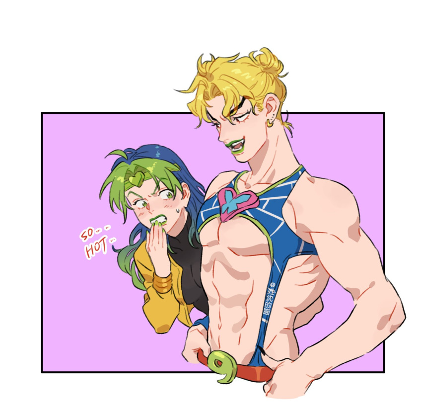 1boy 1girl abs black_nails blonde_hair blush bracelet breasts cosplay costume_switch dio_brando english_commentary english_text green_eyes green_hair green_lips green_nails hair_bun headband highres honlo jacket jewelry jojo_no_kimyou_na_bouken kujo_jolyne lipstick long_hair long_sleeves looking_at_another makeup medium_breasts midriff multicolored_hair muscular muscular_male navel pectorals red_eyes spider_web_print stardust_crusaders stone_ocean sweatdrop two-tone_hair yellow_jacket