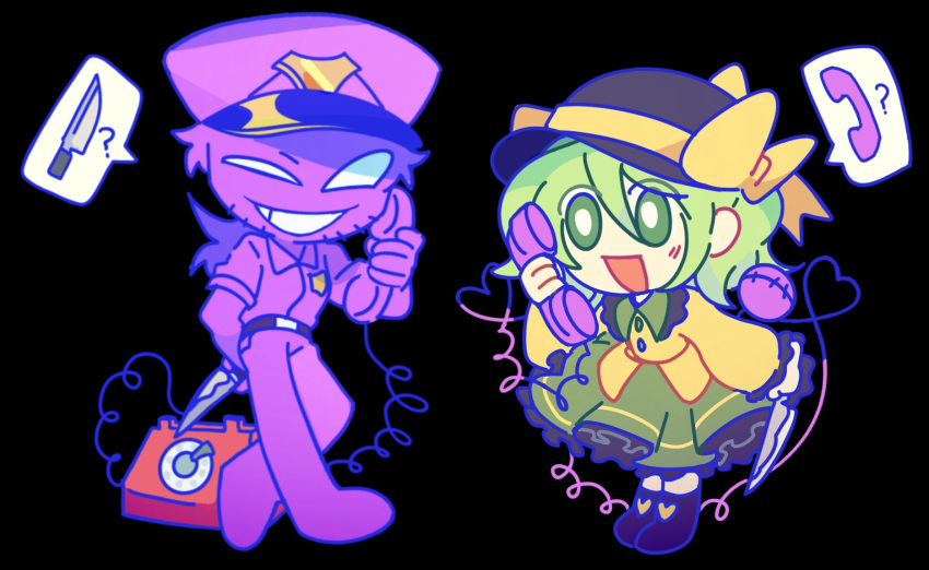 1boy 1girl :d bangs black_background black_headwear bow bright_pupils chinese_commentary colored_skin commentary_request crossover five_nights_at_freddy's frilled_shirt_collar frilled_skirt frills full_body green_eyes green_hair green_skirt grin hair_between_eyes hat hat_bow heart heart_of_string highres holding holding_knife holding_phone knife komeiji_koishi long_sleeves michael_afton open_mouth pants phone purple_pants purple_shirt purple_skin schoolcaco3 shirt simple_background skirt smile third_eye touhou yellow_bow yellow_shirt