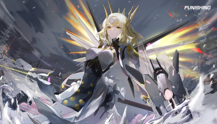 absurdres armor artist_request blonde_hair crown flying frown gold highres ice jetpack looking_at_viewer mechanical_parts mechanical_wings night night_sky official_art punishing:_gray_raven railgun rock rosetta_(punishing:_gray_raven) shield sky snow tree wings yellow_eyes