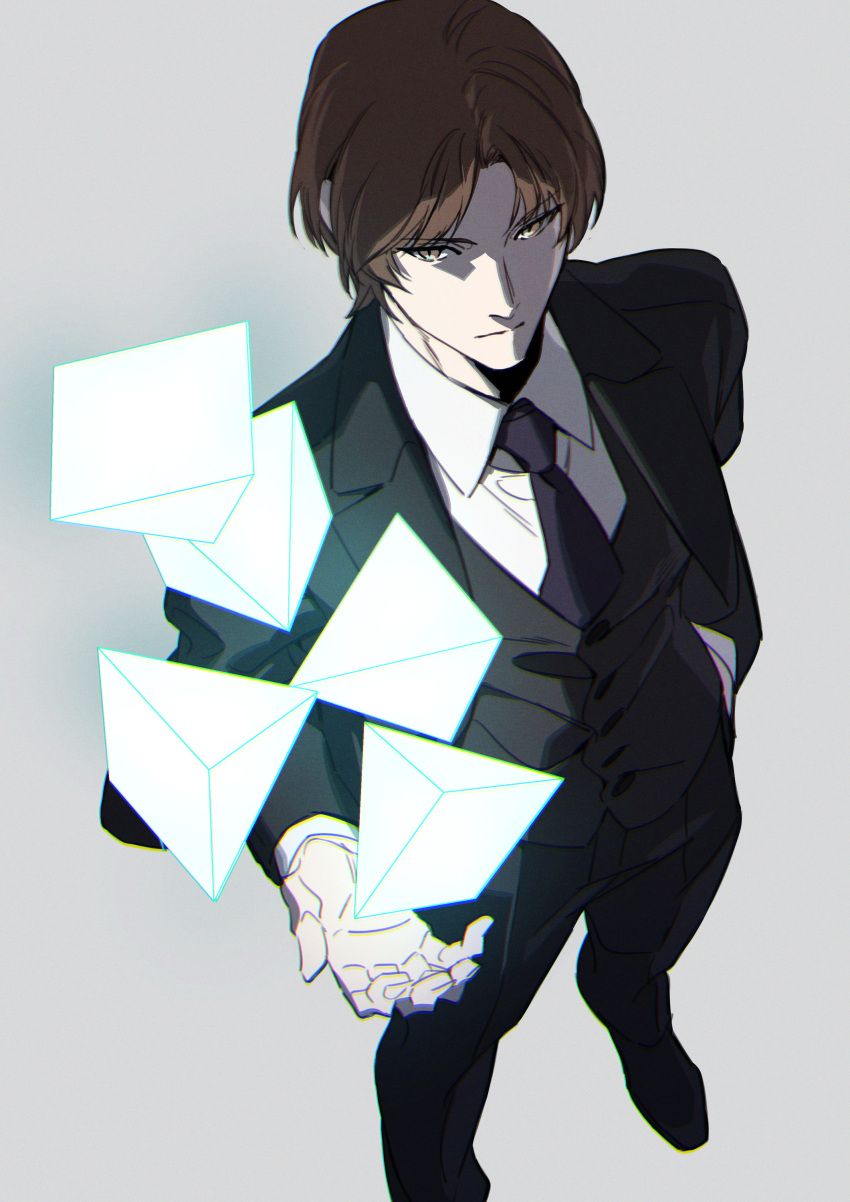 1boy absurdres bangs black_jacket black_necktie black_pants black_suit black_vest brown_eyes brown_hair closed_mouth collared_shirt formal full_body grey_background hand_in_pocket highres jacket long_sleeves looking_at_viewer male_focus necktie ninomiya_masataka pants shirt short_hair simple_background solo standing suit vest white_shirt world_trigger xia_(ryugo)