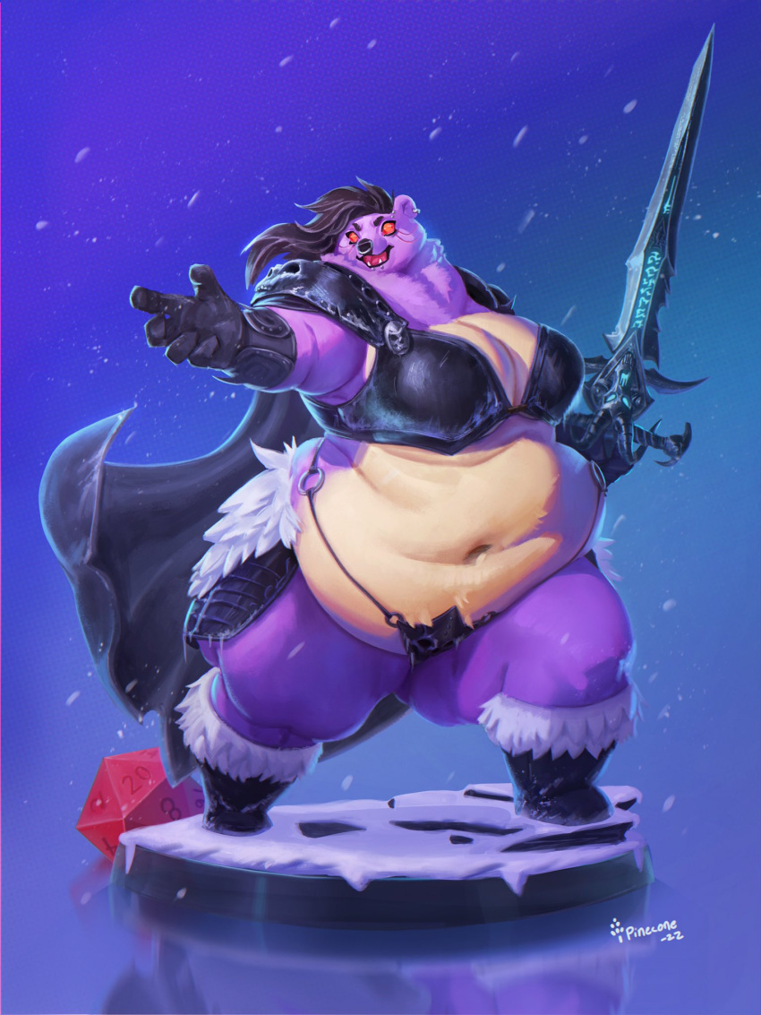 3:4 anthro armor barbarian bear belly big_belly big_breasts boots breasts cape clothed clothing d20 dice female footwear fur fur_boots gauntlets gloves handwear hi_res holding_object holding_weapon huge_hips huge_thighs mammal melee_weapon navel obese obese_anthro obese_female overweight overweight_anthro overweight_female pineconedraws purple_body purple_fur reaching_towards_viewer red_eyes skimpy skull_accessory snow sword thick_thighs unconvincing_armor ursine weapon wide_hips