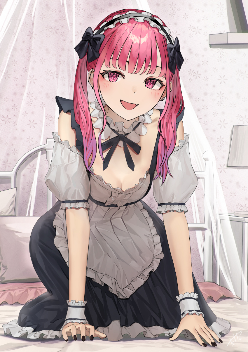 1girl :d absurdres all_fours alternate_costume bangs bed black_dress black_nails blush breasts buta5813 cleavage dress enmaided fang fingernails full_body gradient_hair hairband highres hinamizawa_hinami indoors jirai_kei maid multicolored_hair original pink_eyes pink_hair purple_hair small_breasts smile solo twintails