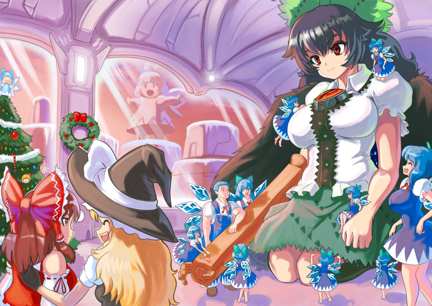 6+girls ^_^ alternate_body_size arm_cannon bangs bird_wings black_hair black_wings blonde_hair blue_bow blue_dress blue_hair bow breasts brown_hair cape christmas_tree cirno closed_eyes closed_mouth collared_shirt detached_sleeves dress english_commentary giant giantess green_bow green_skirt hair_bow hair_tubes hakurei_reimu hat height_difference highres ice ice_wings impossible_clothes impossible_dress indoors kirisame_marisa large_breasts long_hair looking_at_another multiple_girls multiple_persona open_mouth profitshame puffy_short_sleeves puffy_sleeves red_bow red_eyes red_shirt reiuji_utsuho shirt short_hair short_sleeves sitting size_difference skirt sleeveless sleeveless_shirt smile standing statue third_eye touhou weapon white_shirt window wings witch_hat
