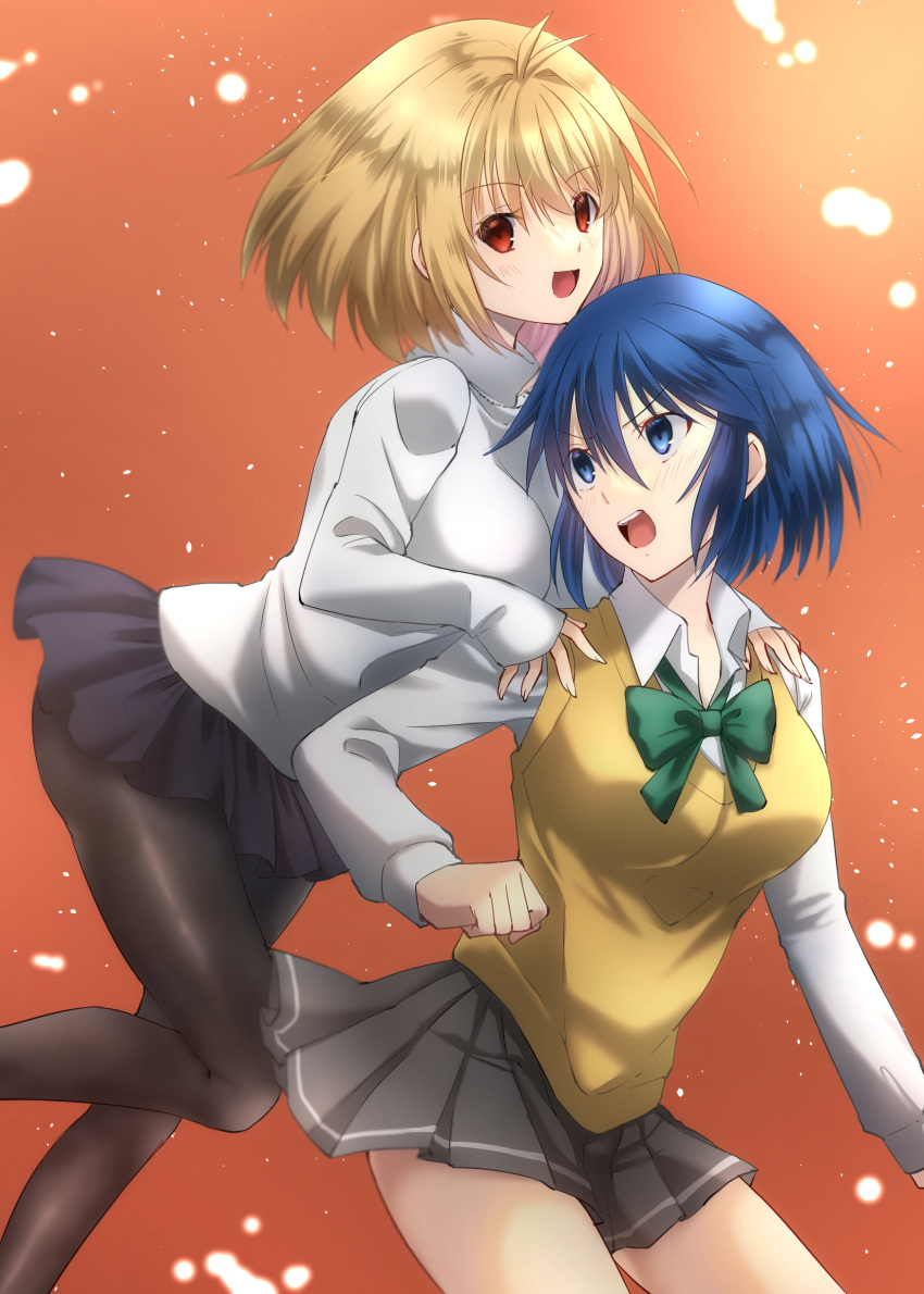 2girls absurdres arcueid_brunestud blonde_hair blue_eyes blue_hair blue_skirt blush bow bowtie breasts ciel_(tsukihime) collared_shirt commentary_request green_ribbon grey_skirt hair_between_eyes hands_on_another's_shoulders highres large_breasts long_sleeves looking_at_viewer multiple_girls open_mouth orange_background pantyhose pleated_skirt red_eyes ribbon school_uniform shirt short_hair skirt smile sweater sweater_vest teeth tsukihime tsukihime_(remake) turtleneck upper_teeth_only vent_vert_(kuuya) vest white_shirt white_sweater yellow_vest