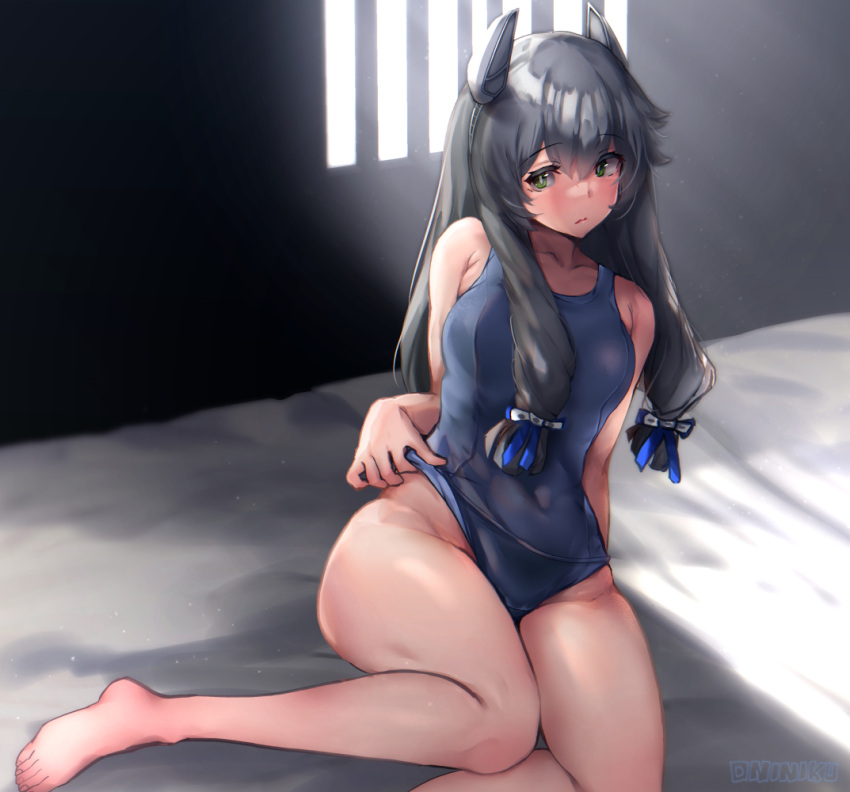 1girl bed black_hair commentary_request green_eyes grey_one-piece_swimsuit hair_ribbon i-47_(kancolle) kantai_collection long_hair low-tied_long_hair mani_oniniku mole mole_on_ass one-piece_swimsuit ribbon school_swimsuit sidelocks sitting solo swimsuit swimsuit_tug tress_ribbon window yokozuwari