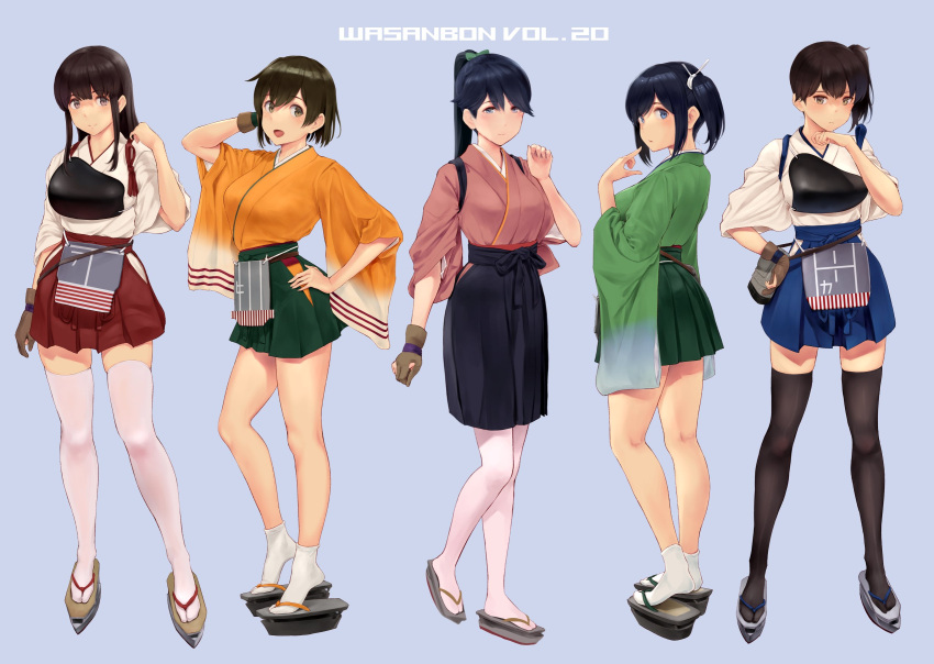 5girls akagi_(kancolle) armor bangs black_hair blue_eyes breastplate brown_hair full_body gloves gradient gradient_clothes hakama hakama_skirt highres hiryuu_(kancolle) japanese_clothes kaga_(kancolle) kantai_collection long_hair long_sleeves multiple_girls sandals simple_background skirt socks souryuu_(kancolle) tabi thighs wa_(genryusui) wide_sleeves zettai_ryouiki