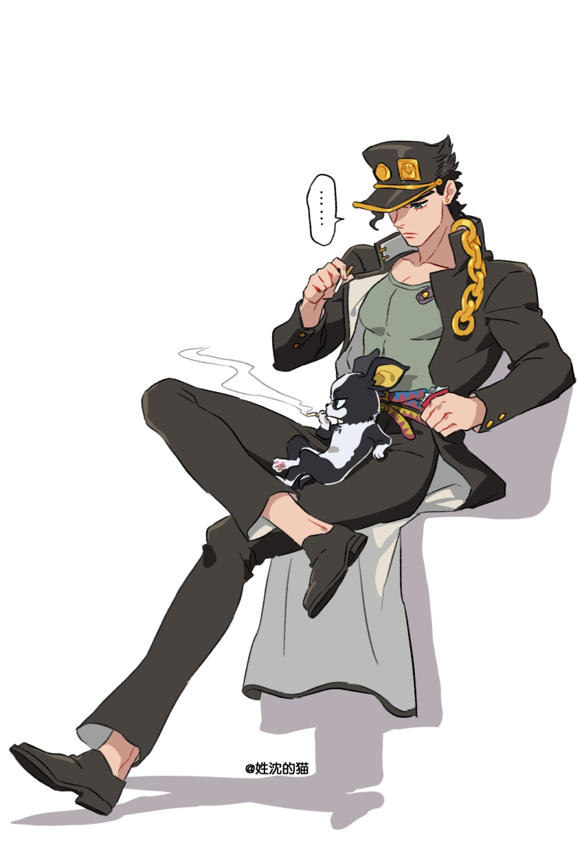 ... 1boy absurdres belt black_coat black_hair black_pants chain cigarette closed_mouth coat dog full_body green_shirt hat highres holding holding_cigarette honlo iggy_(jojo) jojo_no_kimyou_na_bouken kujo_jotaro long_sleeves male_focus multiple_belts pants school_uniform shadow shirt short_hair sitting smoke smoking stardust_crusaders