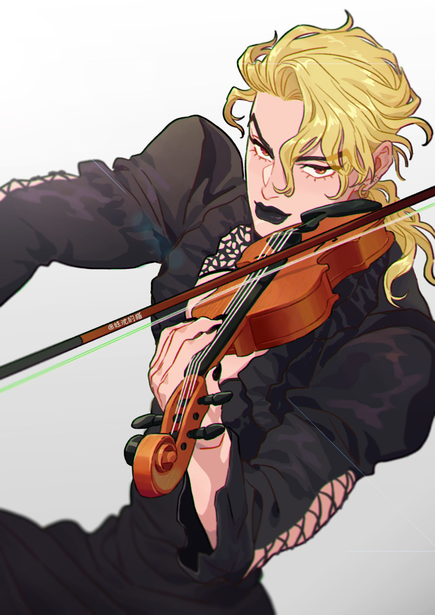 1boy absurdres black_dress black_lips black_nails blonde_hair bow_(music) commentary_request crossdressing dio_brando dress earrings highres holding holding_instrument honlo instrument jewelry jojo_no_kimyou_na_bouken light_smile lipstick long_hair long_sleeves looking_at_viewer makeup male_focus music playing_instrument red_eyes solo violin