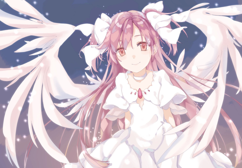 1girl arms_behind_back bangs bow choker closed_mouth collarbone dress feathered_wings hair_bow highres kaname_madoka long_hair looking_at_viewer magical_girl mahou_shoujo_madoka_magica multiple_hair_bows orange_eyes pink_gemstone pink_hair smile solo two_side_up ultimate_madoka very_long_hair virno white_bow white_choker white_dress white_wings wings