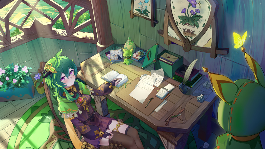 1girl absurdres book brown_dress brown_thighhighs bug butterfly capelet closed_mouth collei_(genshin_impact) desk dress flower genshin_impact green_capelet green_hair highres indoors jingzizaz long_sleeves looking_at_viewer medium_hair papers pencil plant potted_plant puffy_long_sleeves puffy_sleeves purple_eyes quill short_dress solo thighhighs window zettai_ryouiki