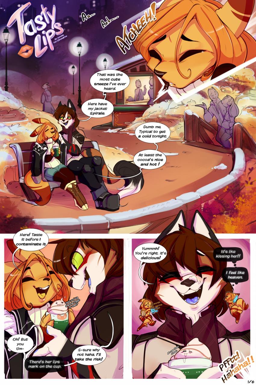 anthro beverage canid canine clothed clothing comic dialogue duo english_text female hi_res kangaroo macropod male mammal marsupial open_mouth outside sitting smile spirale spirale_(character) text