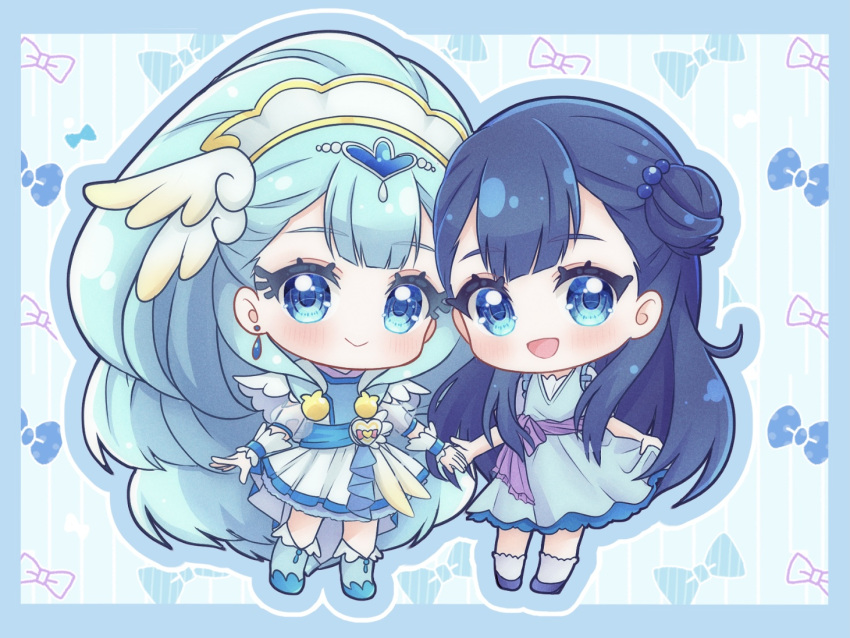 2girls blue_background blue_dress blue_eyes blue_hair boots chibi cure_ange dress dual_persona full_body hair_bun hat head_wings heart_pouch hugtto!_precure lips long_hair looking_at_viewer multiple_girls nurse nurse_cap open_mouth precure sash see-through see-through_sleeves single_hair_bun smile umiyuki_(umi_chu) yakushiji_saaya