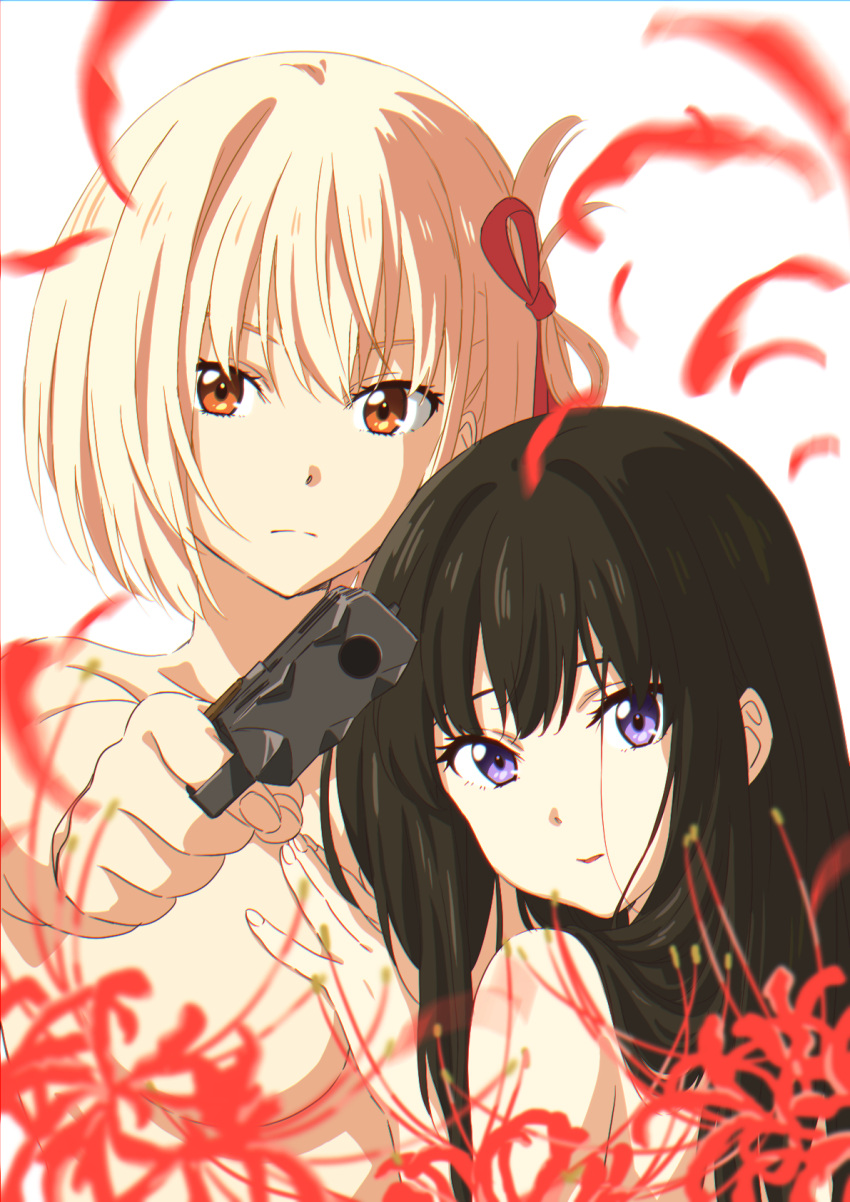 bangs bare_shoulders black_hair blonde_hair blue_eyes breasts closed_mouth convenient_censoring feathers flower gun hair_behind_ear hair_between_eyes hair_ribbon hand_up handgun highres holding holding_gun holding_weapon inoue_takina leaning_on_person long_hair looking_at_viewer lycoris_recoil medium_breasts nakamura_kou nishikigi_chisato nude one_side_up pointing_gun red_eyes red_feathers red_ribbon ribbon short_hair simple_background spider_lily upper_body weapon white_background