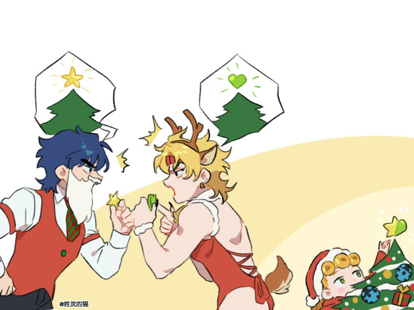 3boys ^^^ antlers ass black_nails blonde_hair blue_eyes blue_hair box braid bug christmas christmas_lights christmas_ornaments christmas_tree deer_tail dio_brando english_commentary fake_beard fake_facial_hair family father_and_son fur_trim gift gift_box giorno_giovanna green_eyes hat heart honlo jojo_no_kimyou_na_bouken jonathan_joestar ladybug leotard long_sleeves male_focus multiple_boys necktie open_mouth red_leotard red_vest reindeer_antlers santa_hat shirt short_hair star_ornament tail vest white_shirt