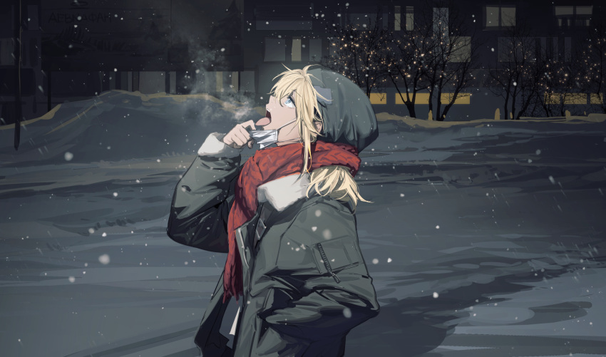 1girl blonde_hair blue_eyes building christmas green_jacket head_tilt highres hood hooded_jacket jacket lights long_hair mask mask_pull mouth_mask night original rff_(3_percent) scarf snow snowflakes tongue tongue_out tree