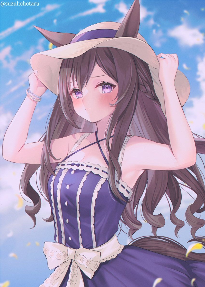 1girl animal_ears bangs blue_dress blurry blurry_background blush bracelet braid breasts brown_hair cleavage closed_mouth cloud criss-cross_halter dress ears_through_headwear halterneck hands_on_headwear hat highres horse_ears horse_girl horse_tail jewelry long_hair looking_at_viewer mejiro_dober_(umamusume) mejiro_dober_(vacation_safir)_(umamusume) outdoors petals purple_eyes sleeveless sleeveless_dress small_breasts solo sun_hat suzuho_hotaru tail twitter_username umamusume upper_body