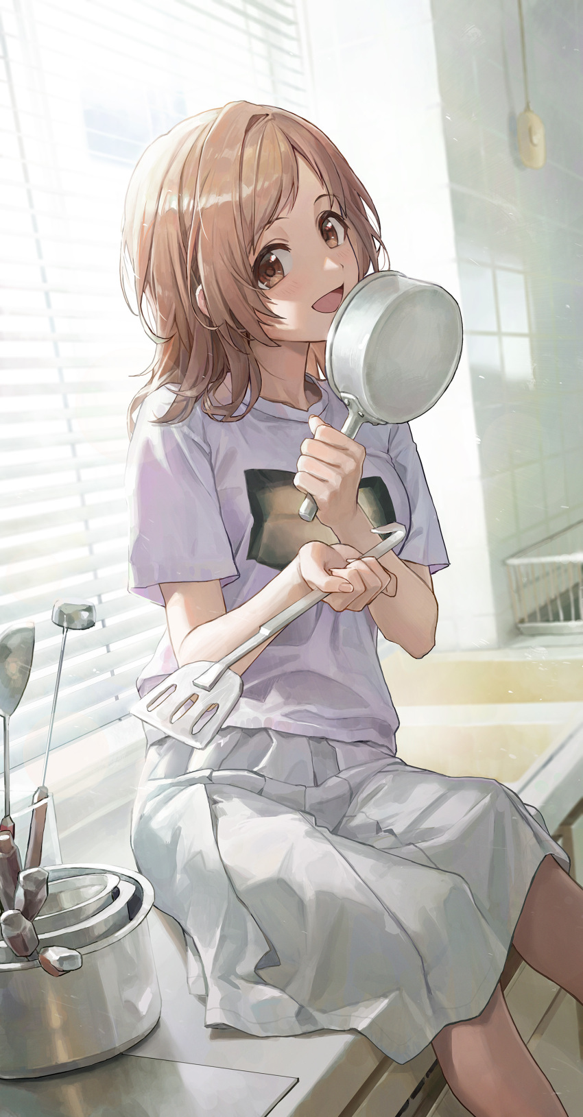 1girl :d absurdres bangs blinds brown_eyes brown_hair feet_out_of_frame from_side happy highres holding holding_spatula idolmaster idolmaster_shiny_colors indoors ladle long_hair open_mouth parted_bangs pink_shirt sakuragi_mano shirt short_sleeves sidelocks sitting skirt smile solo spatula t-shirt tile_wall tiles white_skirt yinrain0023